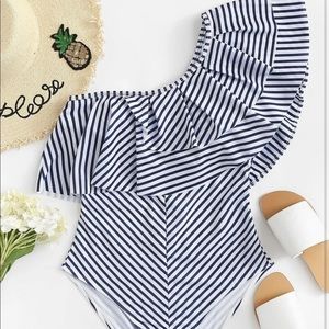 One shoulder, ruffled navy blue striped swimsuit